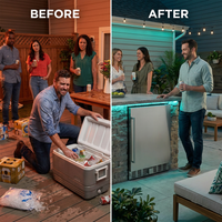24 Inch Outdoor Beverage Fridge, 5.0 Cu.Ft Beverage Refrigerator Holds 166 Cans, 32-50°F Drink Cooler with IPX4 Waterproof Design, Auto-Defrost, Build-In or Freestanding for Patio & Backyard — Before & After