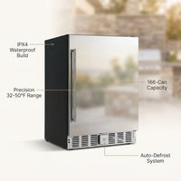 24 Inch Outdoor Beverage Fridge, 5.0 Cu.Ft Beverage Refrigerator Holds 166 Cans, 32-50°F Drink Cooler with IPX4 Waterproof Design, Auto-Defrost, Build-In or Freestanding for Patio & Backyard — infographic