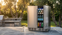 24 Inch Outdoor Beverage Fridge, 5.0 Cu.Ft Beverage Refrigerator Holds 166 Cans, 32-50°F Drink Cooler with IPX4 Waterproof Design, Auto-Defrost, Build-In or Freestanding for Patio & Backyard — Lifestyle