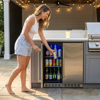 24 Inch Outdoor Beverage Fridge, 5.0 Cu.Ft Beverage Refrigerator Holds 166 Cans, 32-50°F Drink Cooler with IPX4 Waterproof Design, Auto-Defrost, Build-In or Freestanding for Patio & Backyard — Lifestyle