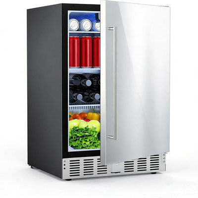 24.4 Inch Beverage Refrigerator, under Counter Freestanding Beverage Cooler 180 Can, Outdoor Fridge with Stainless Steel Door, Outdoor Refrigerator for Patio, Home, Kitchen, Bar (Silver)