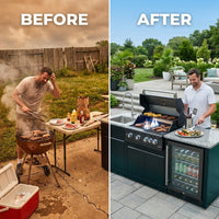 Outdoor Kitchen Island Black Stainless Steel with Sink & 46-Inch 4-Burner 72000 BTU Grill, Wine Cooler, Refrigerator, Rotisserie Kit & Granite Countertops — Before & After