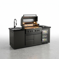 Outdoor Kitchen Island Black Stainless Steel with Sink & 46-Inch 4-Burner 72000 BTU Grill, Wine Cooler, Refrigerator, Rotisserie Kit & Granite Countertops — Studio Shot