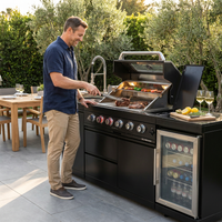 Outdoor Kitchen Island Black Stainless Steel with Sink & 46-Inch 4-Burner 72000 BTU Grill, Wine Cooler, Refrigerator, Rotisserie Kit & Granite Countertops — Lifestyle