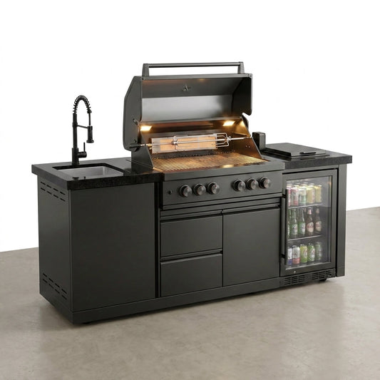 Outdoor Kitchen Island Built for Premium Cooking, 72000 BTU Grill, Granite Countertops, Wine Cooler, Fridge — Studio Shot